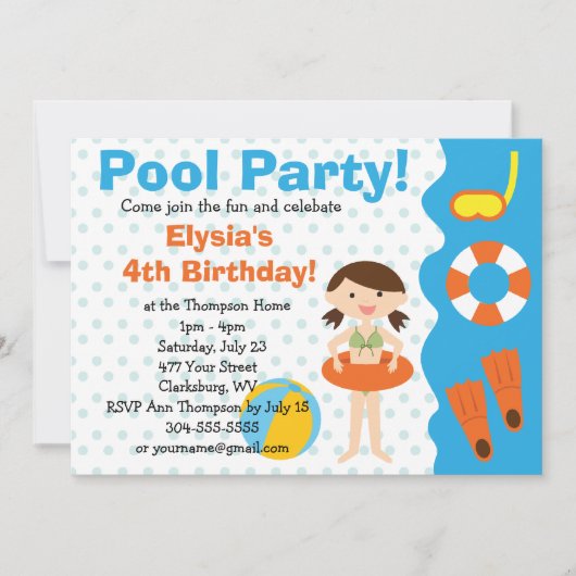 カスタマイズ可能なガールプールパーティー誕生日 招待状 (正面)