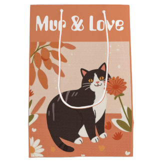 カスタマイズ可能なキュートなスマイルキャット「Mur & Love」テキスト入り ミディアムペーパーバッグ