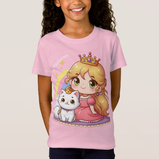 カスタマイズ可能なキュートなプリンセスと白猫 Tシャツ (正面)