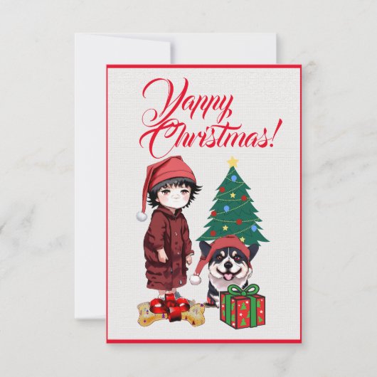 カスタマイズ可能なキュートコーギー+女の子 クリスマスカード サンキューカード (正面)