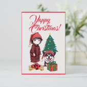 カスタマイズ可能なキュートコーギー+女の子 クリスマスカード サンキューカード (スタンド正面)