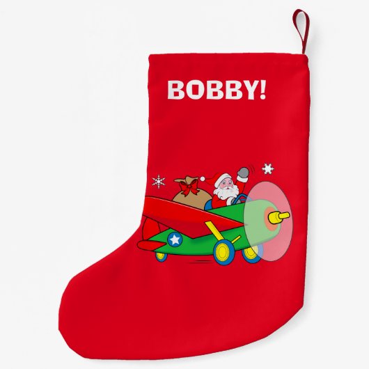 カスタマイズ可能なギフトの名前のサンタの飛んでいるな飛行機 スモールクリスマスストッキング (裏面)