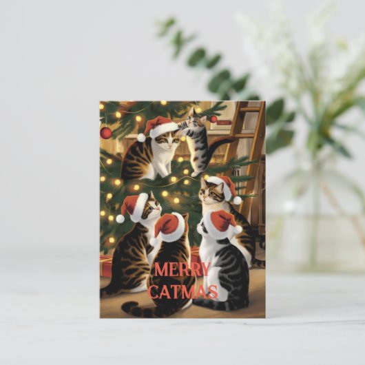カスタマイズ可能なクリスマスかわいいヴィンテージ猫 ポストカード (スタンド正面)