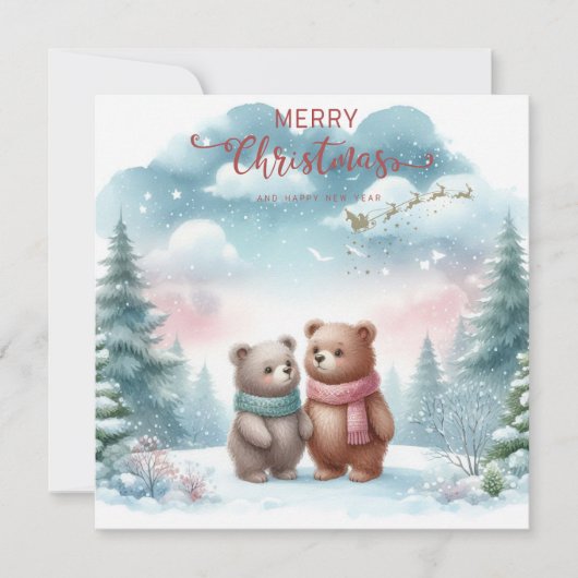 カスタマイズ可能なクリスマスに森にいる２匹の可愛いクマ シーズンカード (正面)