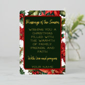カスタマイズ可能なクリスマスのメッセージが入った赤いポインセチアのカード 箔シーズンカード (立ち正面)