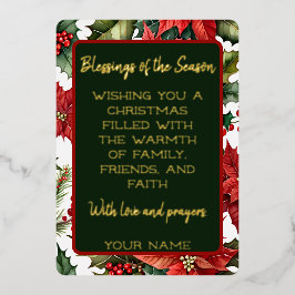カスタマイズ可能なクリスマスのメッセージ付きの赤いポインセチア 箔シーズンカード