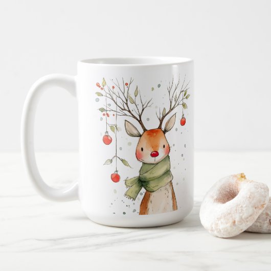 カスタマイズ可能なクリスマスの可愛いトナカイ コーヒーマグカップ (ドーナツ)