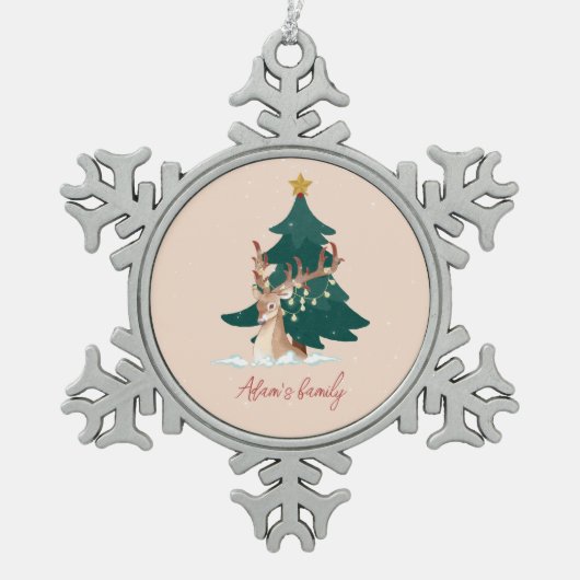 カスタマイズ可能なクリスマスの鹿 スノーフレークピューターオーナメント (正面)