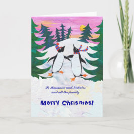 カスタマイズ可能なクリスマスカード – スケートで滑るペンギン シーズンカード