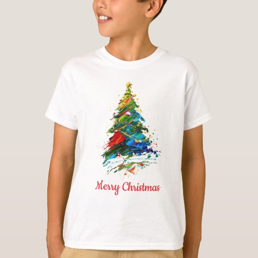 カスタマイズ可能なクリスマスツリーの油絵の子供 Tシャツ (正面)