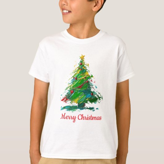 カスタマイズ可能なクリスマスツリー オイルペイント風 子供 Tシャツ (正面)