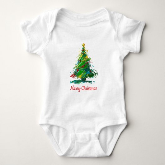 カスタマイズ可能なクリスマスツリー オイルペイント 半袖Tシャツ ベビーボディスーツ (正面)