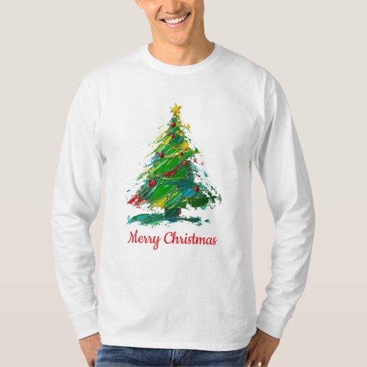 カスタマイズ可能なクリスマスツリー オイルペイント 長袖 Tシャツ (正面)