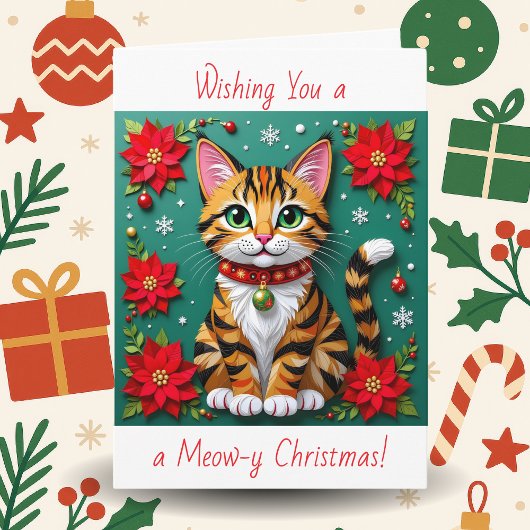 カスタマイズ可能なクリスマスポスター 猫とポインセチア シーズンカード
