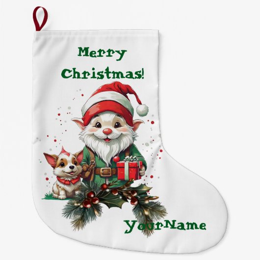 カスタマイズ可能なクリスマス小妖精や小人とDoggoストッキング ラージクリスマスストッキング (正面)