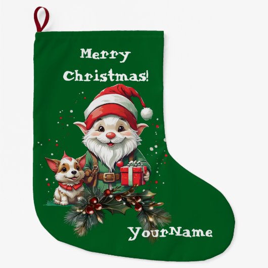 カスタマイズ可能なクリスマス小妖精や小人とDoggoストッキング ラージクリスマスストッキング (正面)