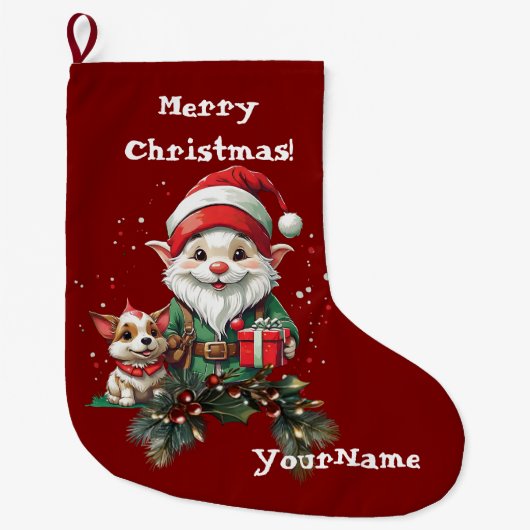 カスタマイズ可能なクリスマス小妖精や小人とDoggoストッキング ラージクリスマスストッキング (正面)