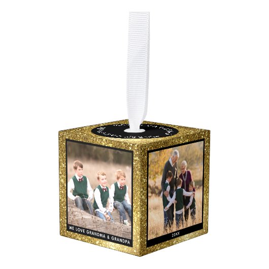 カスタマイズ可能なクリスマス金ゴールドグリッターホリデーフォト キューブオーナメント (正面アングル)