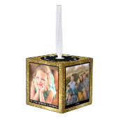 カスタマイズ可能なクリスマス金ゴールドグリッターホリデーフォト キューブオーナメント (裏面アングル)