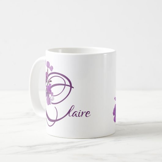 カスタマイズ可能なクレア名かわいらし紫のフローラかわいい コーヒーマグカップ (正面左)