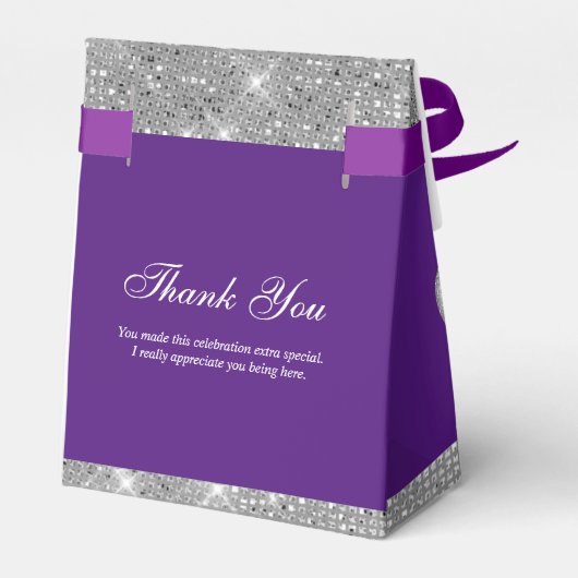 カスタマイズ可能なグリッター パープルとシルバー フェイバーボックス (裏面サイド)