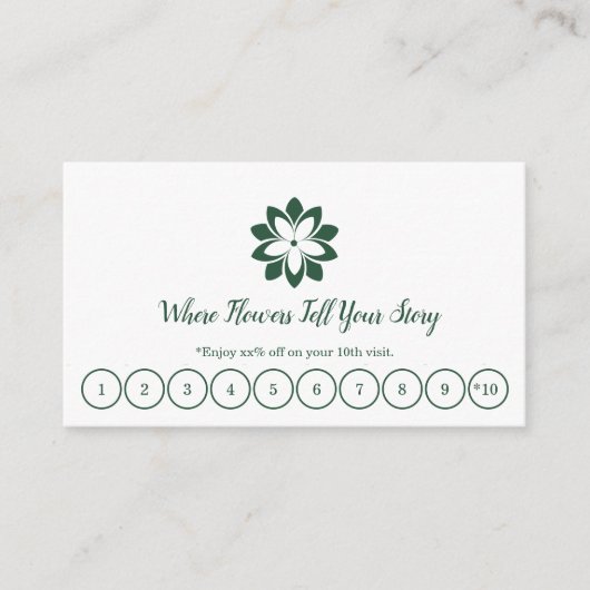 カスタマイズ可能なグリーン&ホワイトフローリストロイヤリティカード ロイヤリティカード (正面)