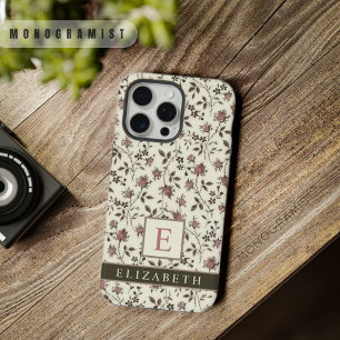 カスタマイズ可能なグレーフローラピンク紫色の花 iPhone 15 PRO MAXケース