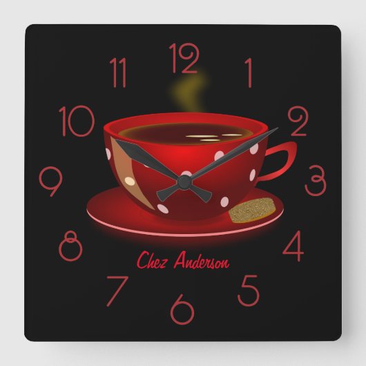 カスタマイズ可能なコーヒーカフェの赤と黒のデザイン スクエア壁時計 (正面)