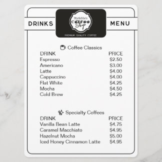 カスタマイズ可能なコーヒーショップのドリンクメニュー メニュー