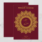 カスタマイズ可能なゴールド バーガンディ メヘンディ ヘンナ インド 招待状 (正面/裏面)