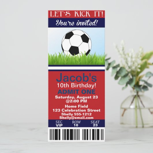 カスタマイズ可能なサッカーのチケットの誕生日の招待 招待状 (スタンド正面)