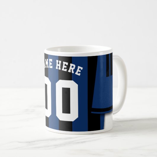 カスタマイズ可能なサッカージャージーマグ、ブラックブルーストライプ コーヒーマグカップ (正面右)