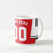 カスタマイズ可能なサッカージャージーマグ、赤と白 コーヒーマグカップ (正面右)