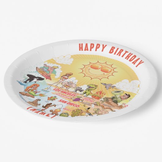 カスタマイズ可能なサニーカリフォルニア誕生日プレート ペーパープレート (アングル)
