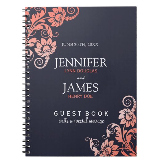 カスタマイズ可能なサンゴ結婚と青のゲストブック ノートブック (正面)