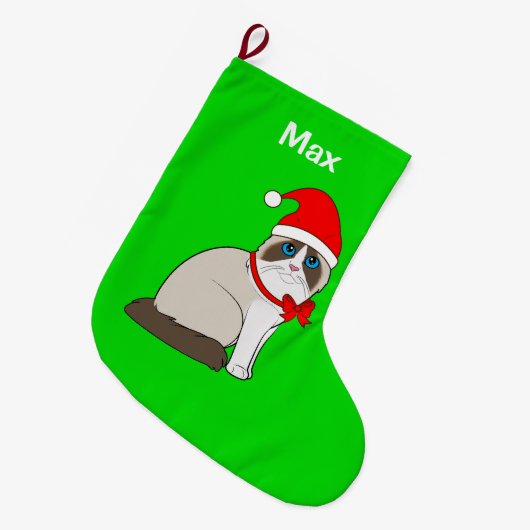 カスタマイズ可能なサンタの帽子で服を着るRagdoll猫 ラージクリスマスストッキング (正面 (吊り時))