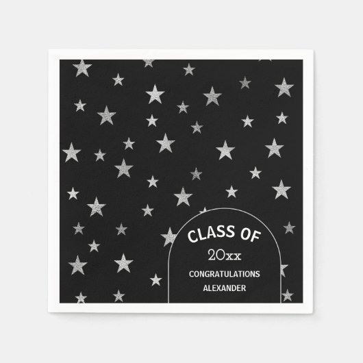 カスタマイズ可能なシルバースターズブラック卒業パーティー スタンダードカクテルナプキン (正面)