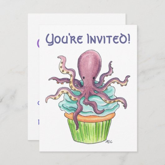 カスタマイズ可能なタコのカップケーキの誕生日の招待 招待状 (正面/裏面)