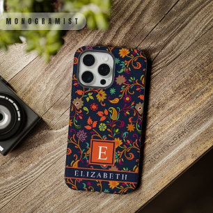 カスタマイズ可能なダークネイビーブルーオレンジペイズリーパターン iPhone 15 PRO MAXケース
