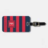 カスタマイズ可能なダークネイビーブルーレッドカラーブロック ラゲッジタグ (正面横)