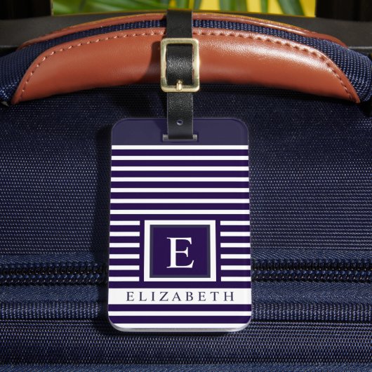 カスタマイズ可能なダークネイビーブルー白ストライプの線 ラゲッジタグ (正面インサイチュ2)