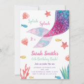 カスタマイズ可能なダークピンクマーメイドテール誕生日 招待状 (正面)