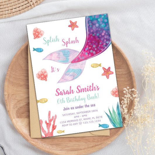 カスタマイズ可能なダークピンクマーメイドテール誕生日 招待状