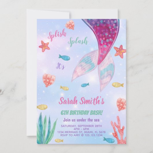 カスタマイズ可能なダークピンクマーメイド誕生日 招待状 (正面)