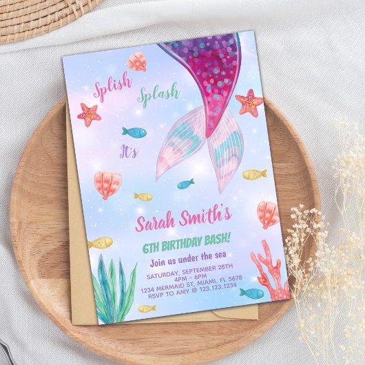 カスタマイズ可能なダークピンクマーメイド誕生日 招待状