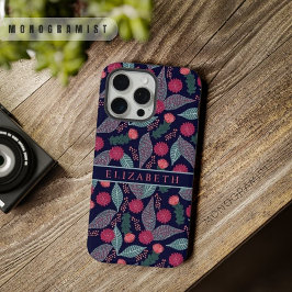 カスタマイズ可能なダークブルーグリーンの花柄 ピンクの花々 iPhone 15 PRO MAXケース