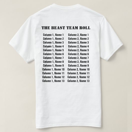 カスタマイズ可能なチームロゴとメンバー名簿 Tシャツ (デザイン裏面)