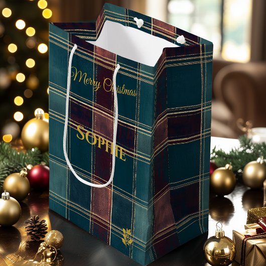 カスタマイズ可能なティール（緑がかった色）とブルゴーニュの格子模様の休日 ミディアムペーパーバッグ
