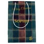 カスタマイズ可能なティール（緑がかった色）とブルゴーニュの格子模様の休日 ミディアムペーパーバッグ (正面)