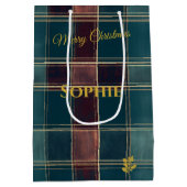 カスタマイズ可能なティール（緑がかった色）とブルゴーニュの格子模様の休日 ミディアムペーパーバッグ (裏面)